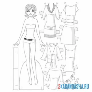Раскраска кукла из бумаги для вырезания с одеждой платья