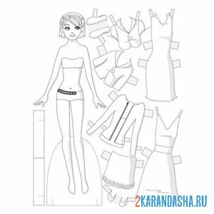 Раскраска кукла из бумаги для вырезания с одеждой юбки