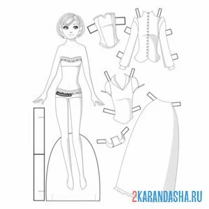 Раскраска кукла из бумаги для вырезания с разнообразной одеждой
