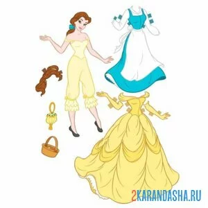 Раскраска принцесса бель бумажная кукла с одеждой