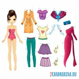 Раскраска цветная бумажная куколка с одеждой