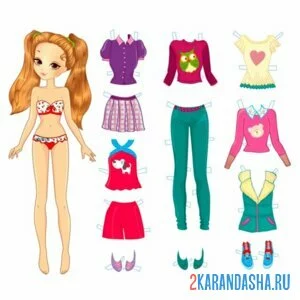 Раскраска цветная бумажная кукла-модница с одеждой