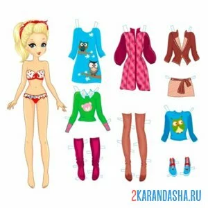Раскраска цветная бумажная кукла-модница с одеждой для вырезания