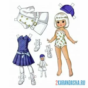 Раскраска цветная маленькая бумажная кукла с одеждой