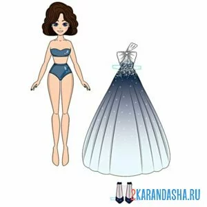 Раскраска цветная бумажная кукла-модница с платьем
