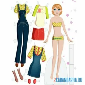 Раскраска цветная бумажная кукла в трусиках с одеждой