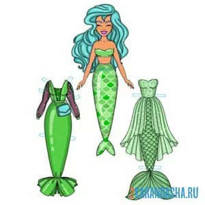 Раскраска цветная бумажная кукла русалка с хвостом