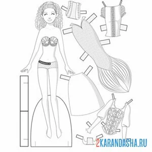 Раскраска русалка кукла для вырезания с одеждой