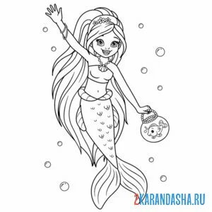 Раскраска русалочка с сумочкой