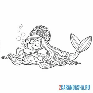 Раскраска русалка и черепаха спит