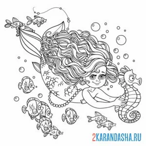 Раскраска морской конек и русалка