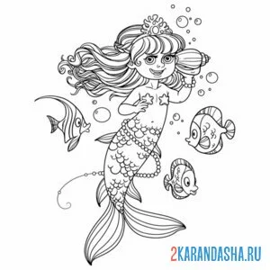 Раскраска русалка слушает ракушку