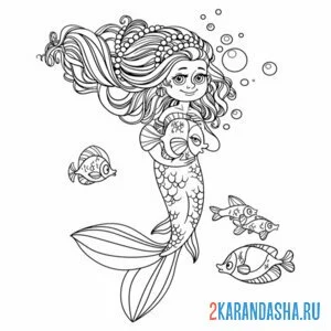Раскраска русалка гладит рыбку