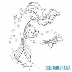 Раскраска русалочка ариэль плавает с друзьями