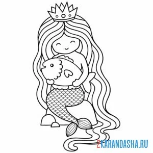 Раскраска русалка держит рыбку
