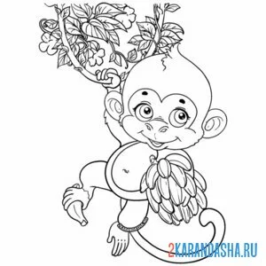 Раскраска обезьянка и ветка бананов