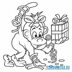 Раскраска обезьянка и подарок
