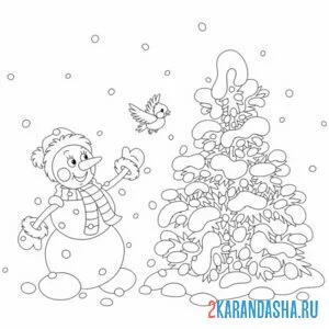 Раскраска снеговик и синичка