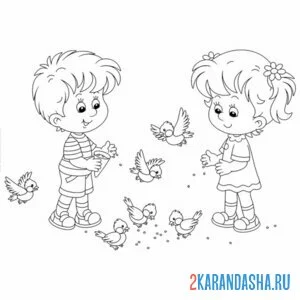 Раскраска мальчик и девочка ест синичка
