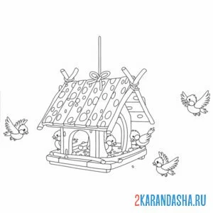 Раскраска кормушка с синичками