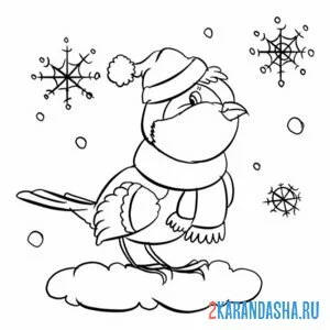 Раскраска снегирь в зимней одежде