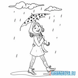 Раскраска девочка под дождем и зонтом