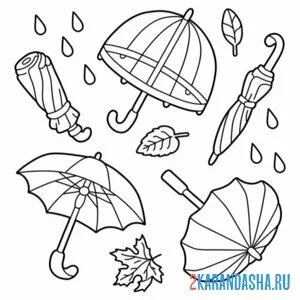 Раскраска много зонтов
