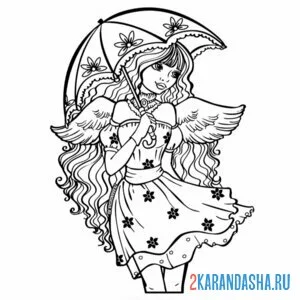 Раскраска девушка в платье под зонтом