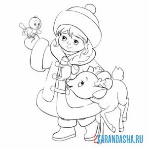 Раскраска снегурочка птичка и олень