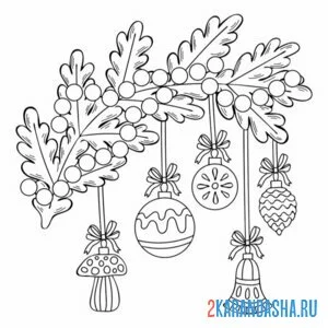 Раскраска еловая ветка и шары