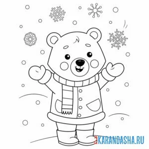 Раскраска мишка и снежинки