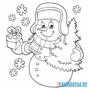 Раскраска снеговик с елкой и подарком