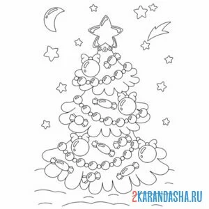 Раскраска новогодняя елка и звезды