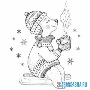 Раскраска мишка новогодний и снег