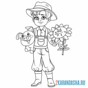 Раскраска фермер и свинья