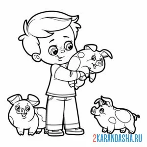 Раскраска мальчик и поросята