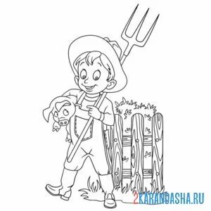 Раскраска фермер с поросенком