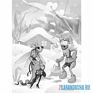 Раскраска стрекоза и муравей зимой