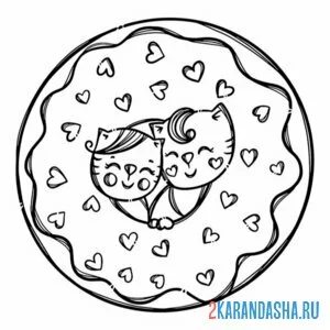 Раскраска два кота в пончике