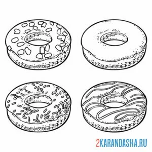 Раскраска четыре разных пончика