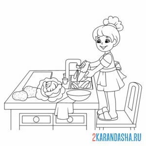 Раскраска девочка на кухне