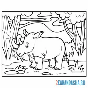 Раскраска носорог в лесу