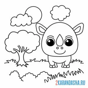 Раскраска носорог у дерева