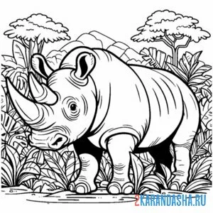 Раскраска носорог в густом лесу