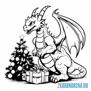 Раскраска дракон наряжает елку