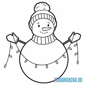 Раскраска снеговик в варежках и гирлянда