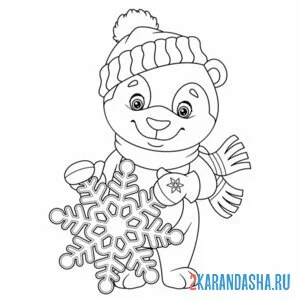 Раскраска мишка с большой снежинкой