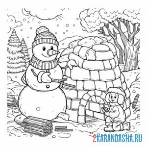 Раскраска снеговик и лед