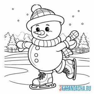 Раскраска снеговик на коньках зимой