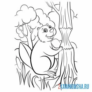 Раскраска бобер работает с деревом